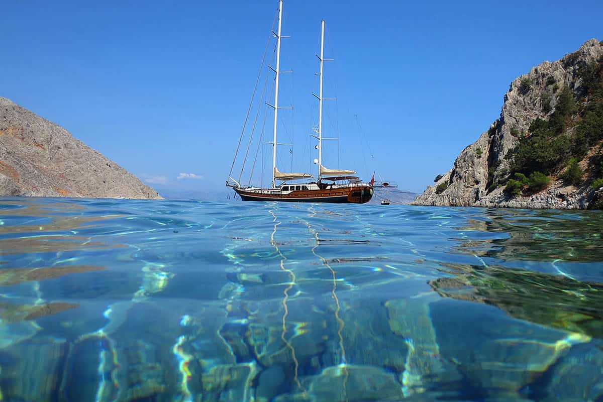 Sea level photo from iconic beach of Agios Georgios with turquoise clear waters, Symi island