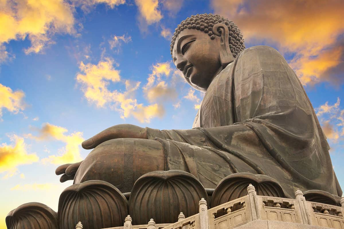 View of the giant Buddha at sunset from the ground