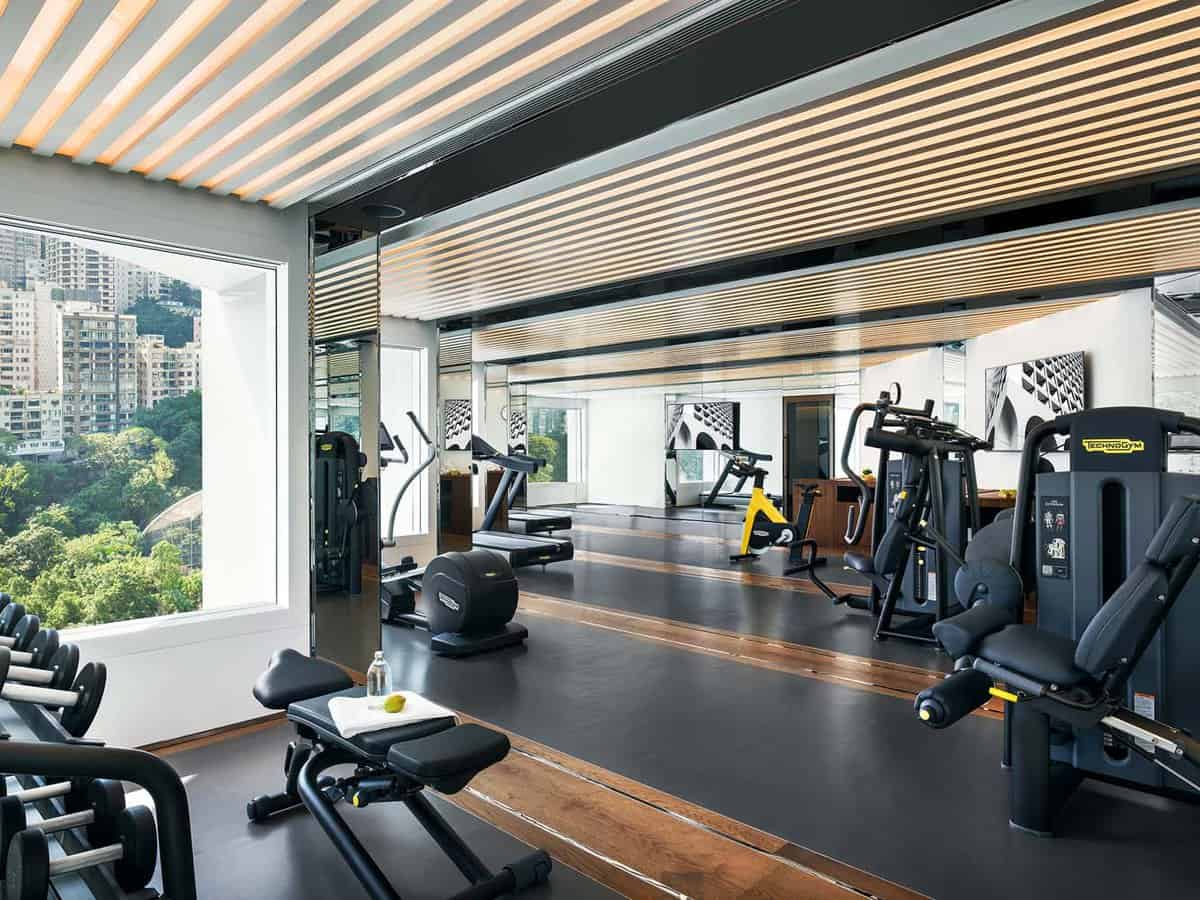 Hotel gym with views onto the park