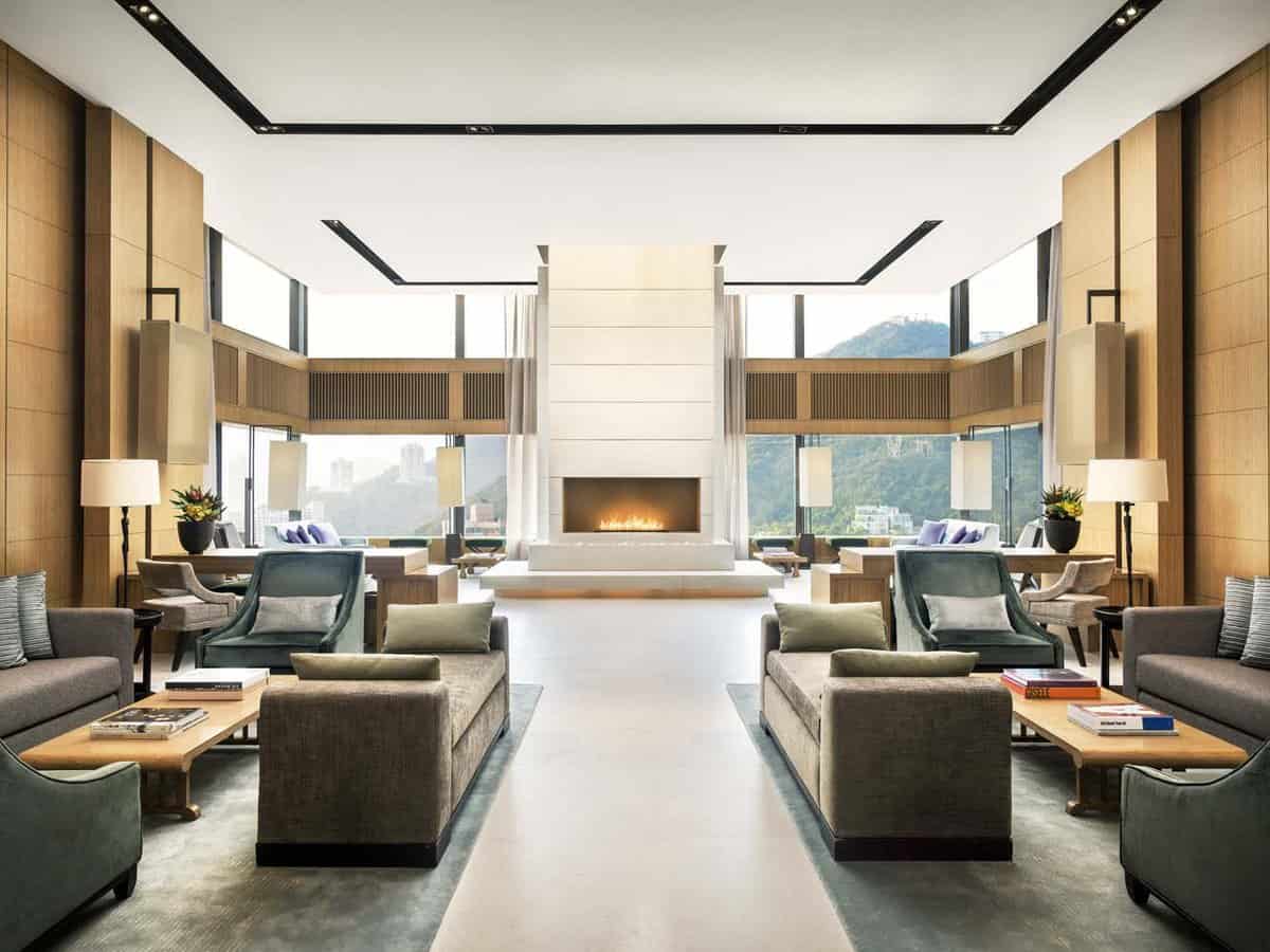 Lobby with wide windows and a fireplace