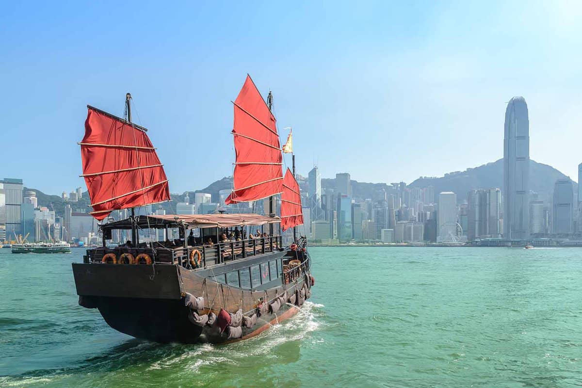 Aqua Luna, a junk ship, crossing the straight between