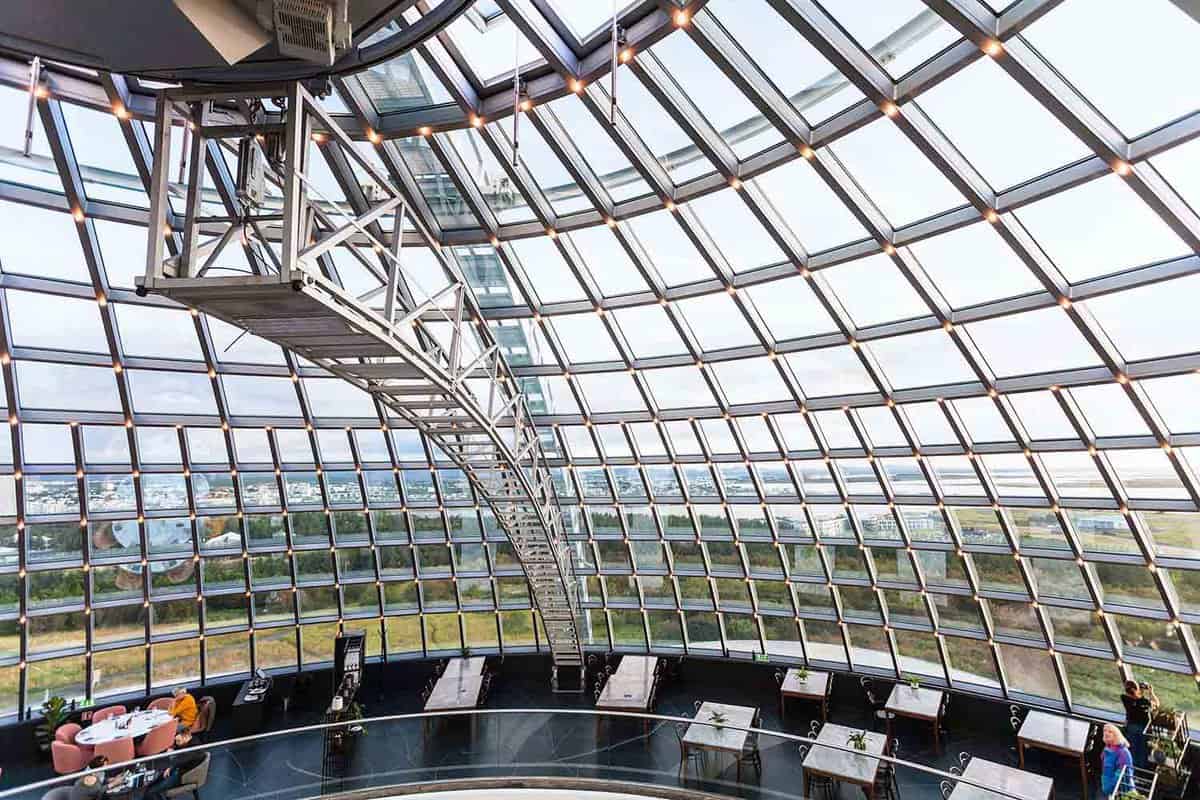 visitors inside glass dome on Observation Deck of Perlan Museum in Reykjavik city in evening. The Perlan Museum of Wonders of Iceland was opened in 2017