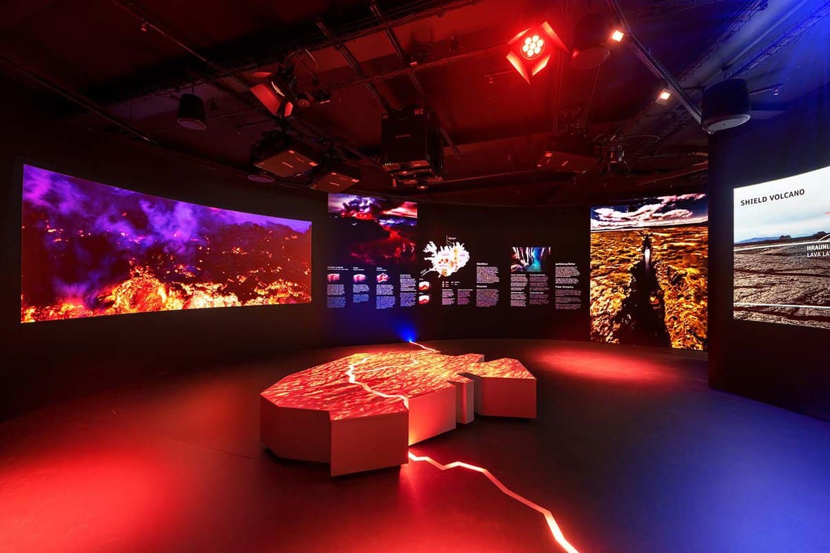 Exhibit room explaining lava flows and volcanoes at the Perlan Museum in Reykjavik