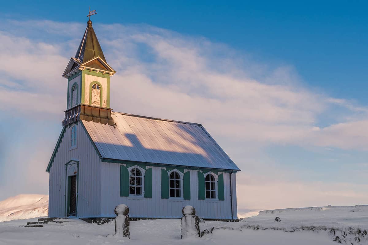 small wooden white Thingvellir church, in Thingvellir National Park, Iceland