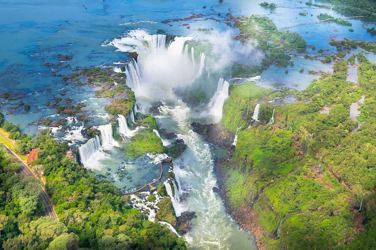 Aerial view over Iguazu Falls from helicopter