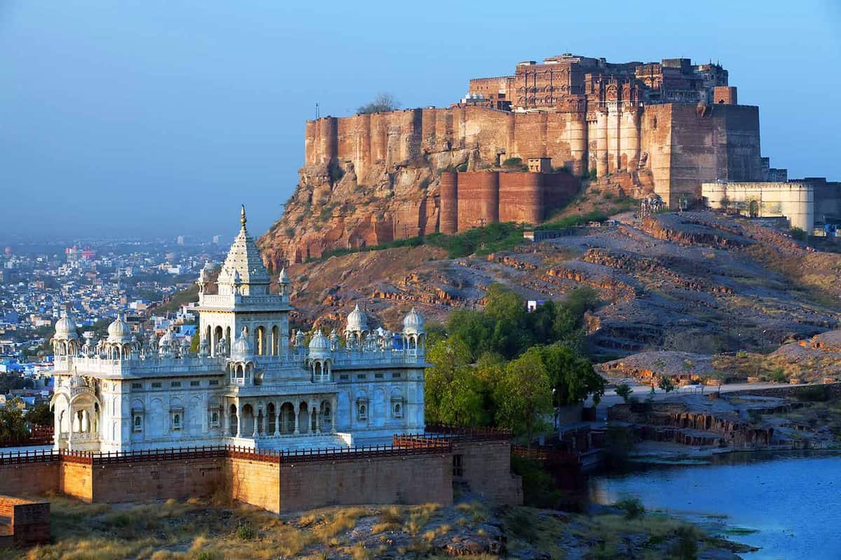 Giant golden stone Mehrangarh Fort on a hill
