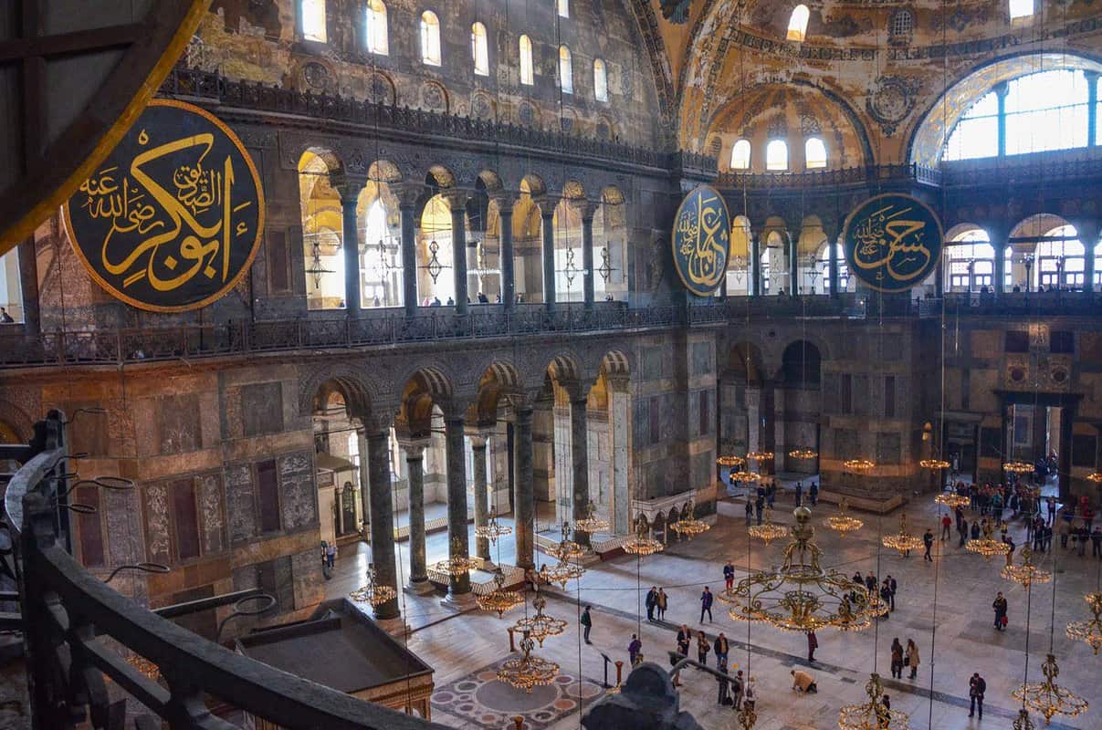 Interior of mosque with light streaming in from windows