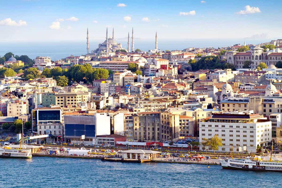 Crowded city of Istanbul with sea in foreground and grand mosque in background