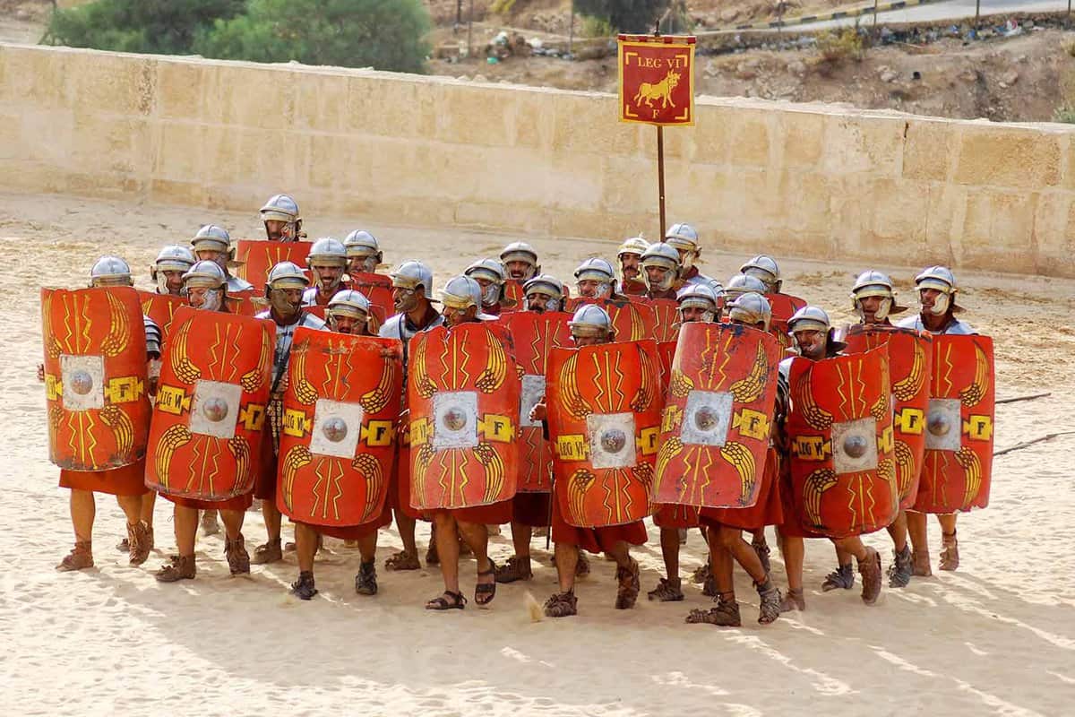 Group of Roman soldiers gather in a re-enactment at the Roman ruins of Jerash