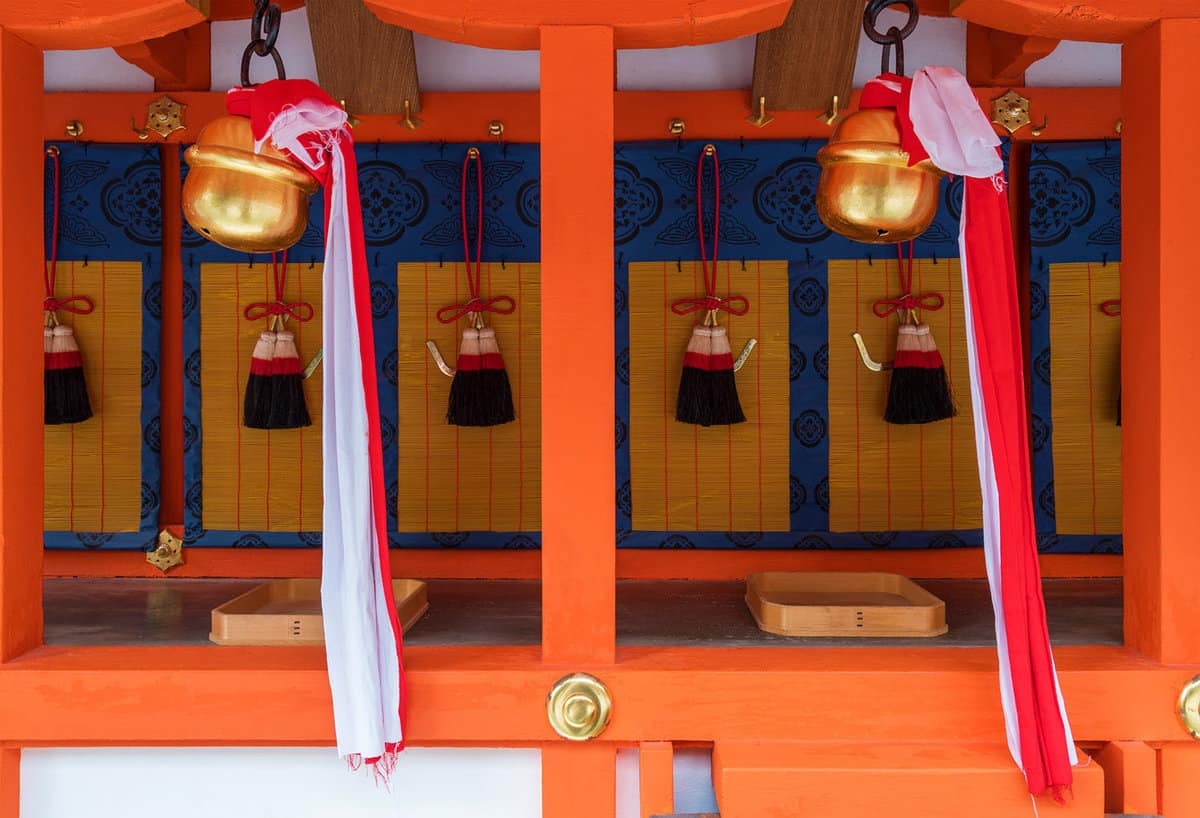 close up on temple exterior showing bells and prayer cards