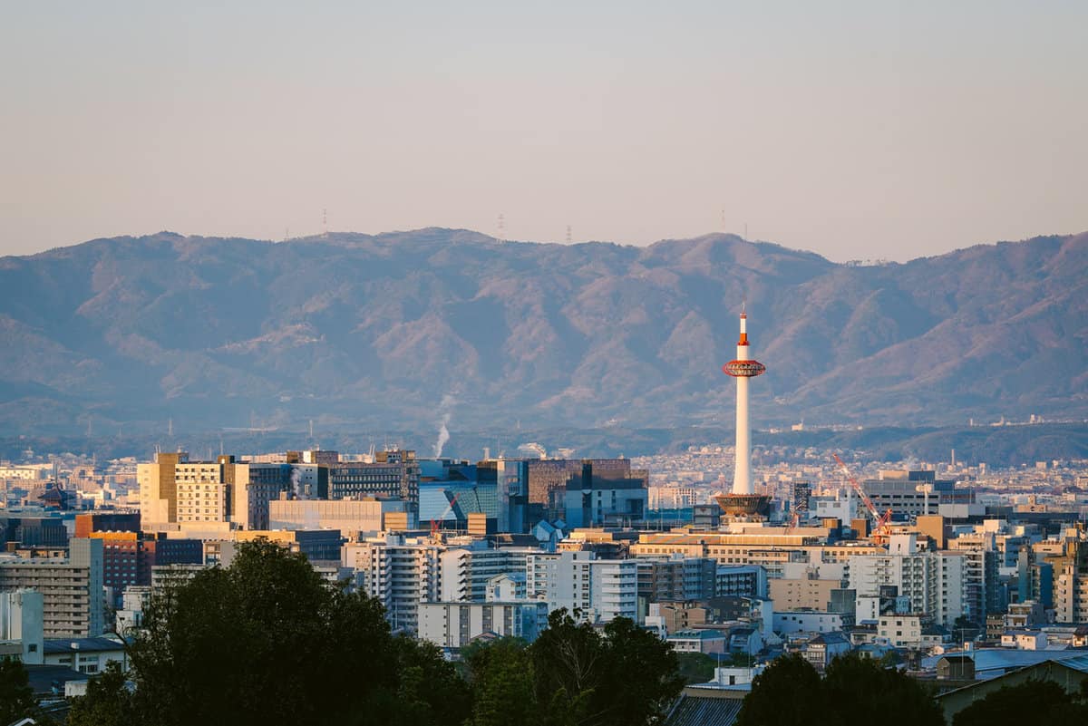 Kyoto skyline under mountains