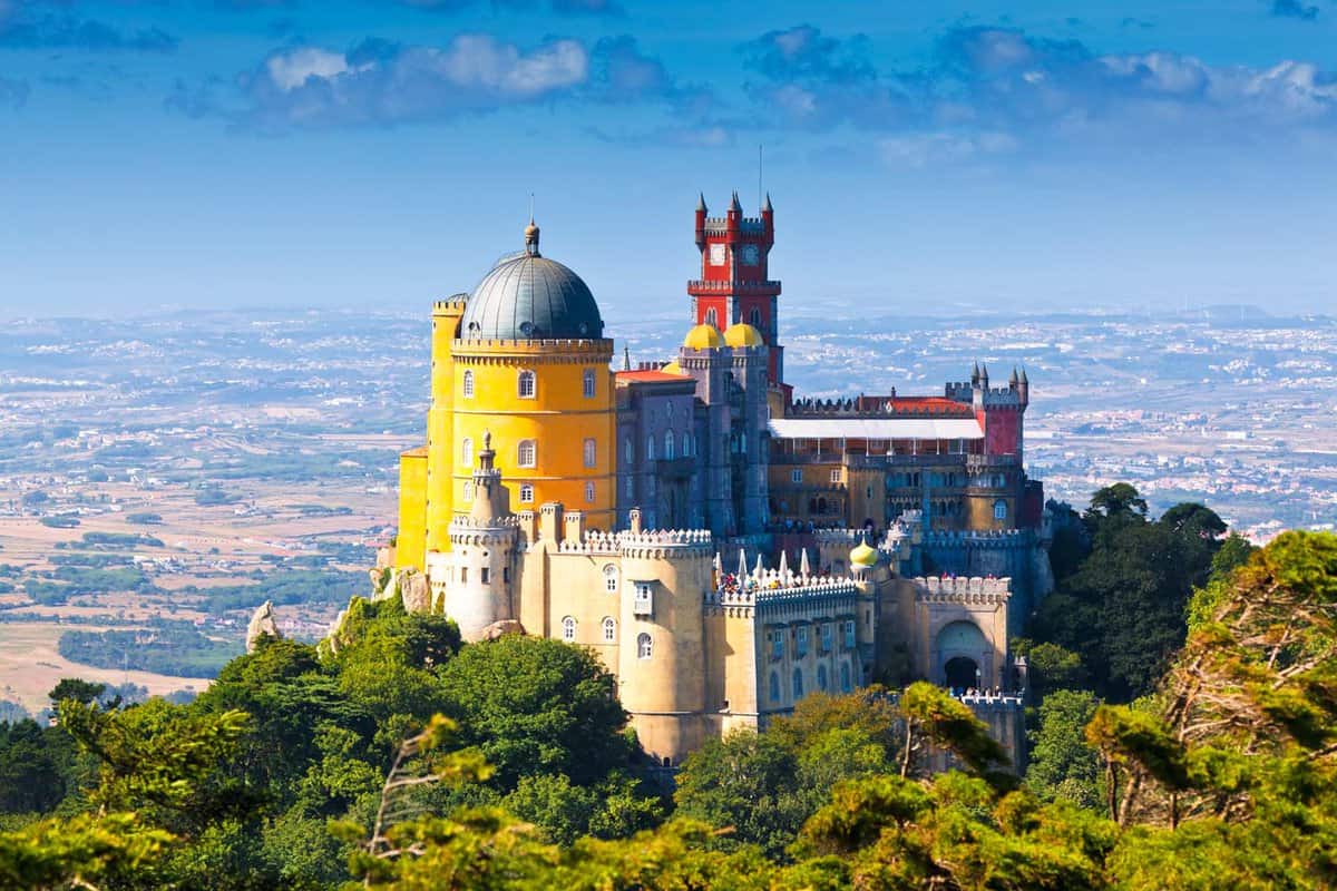 view of the beautiful, colourful Palace of Pena