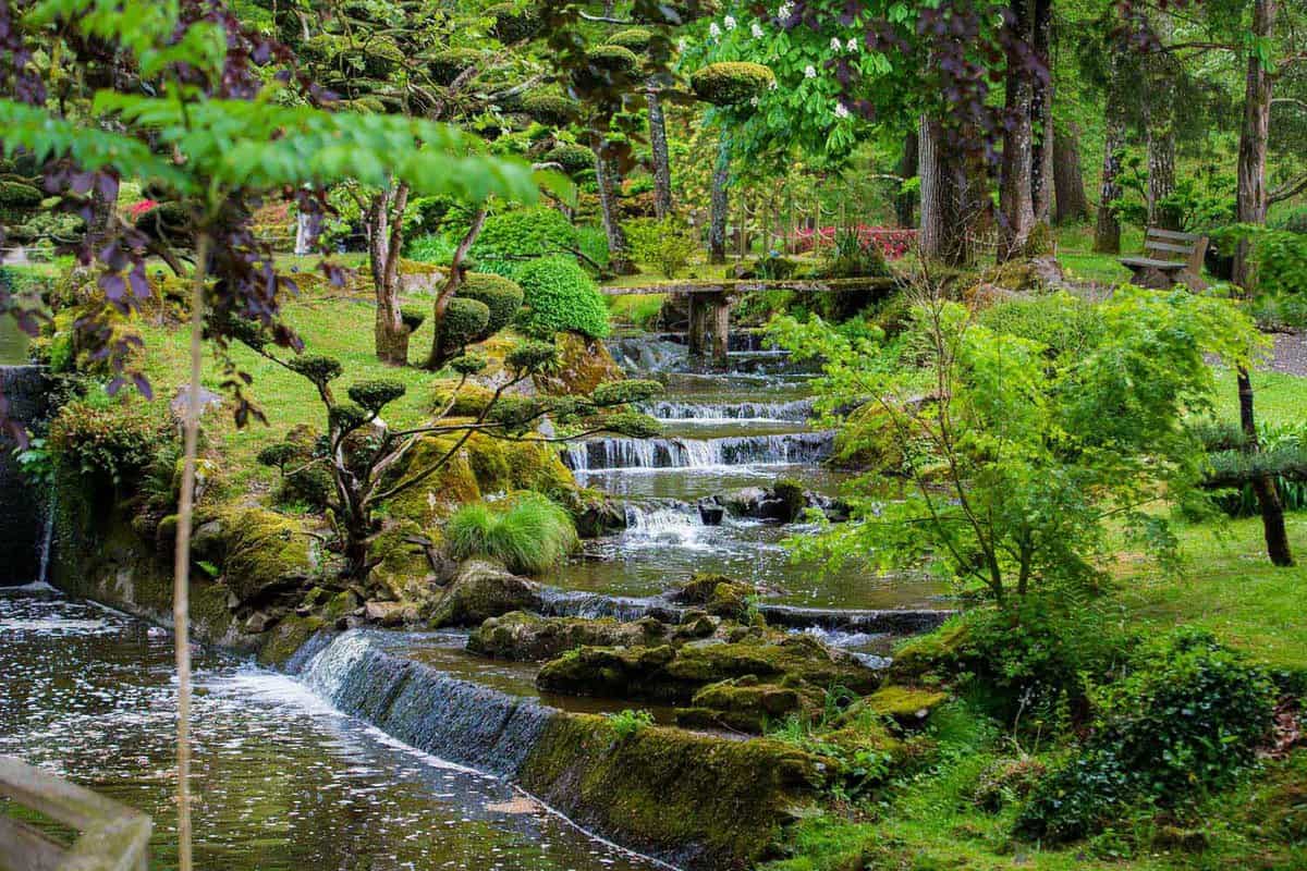 Waterfall through oriental garden