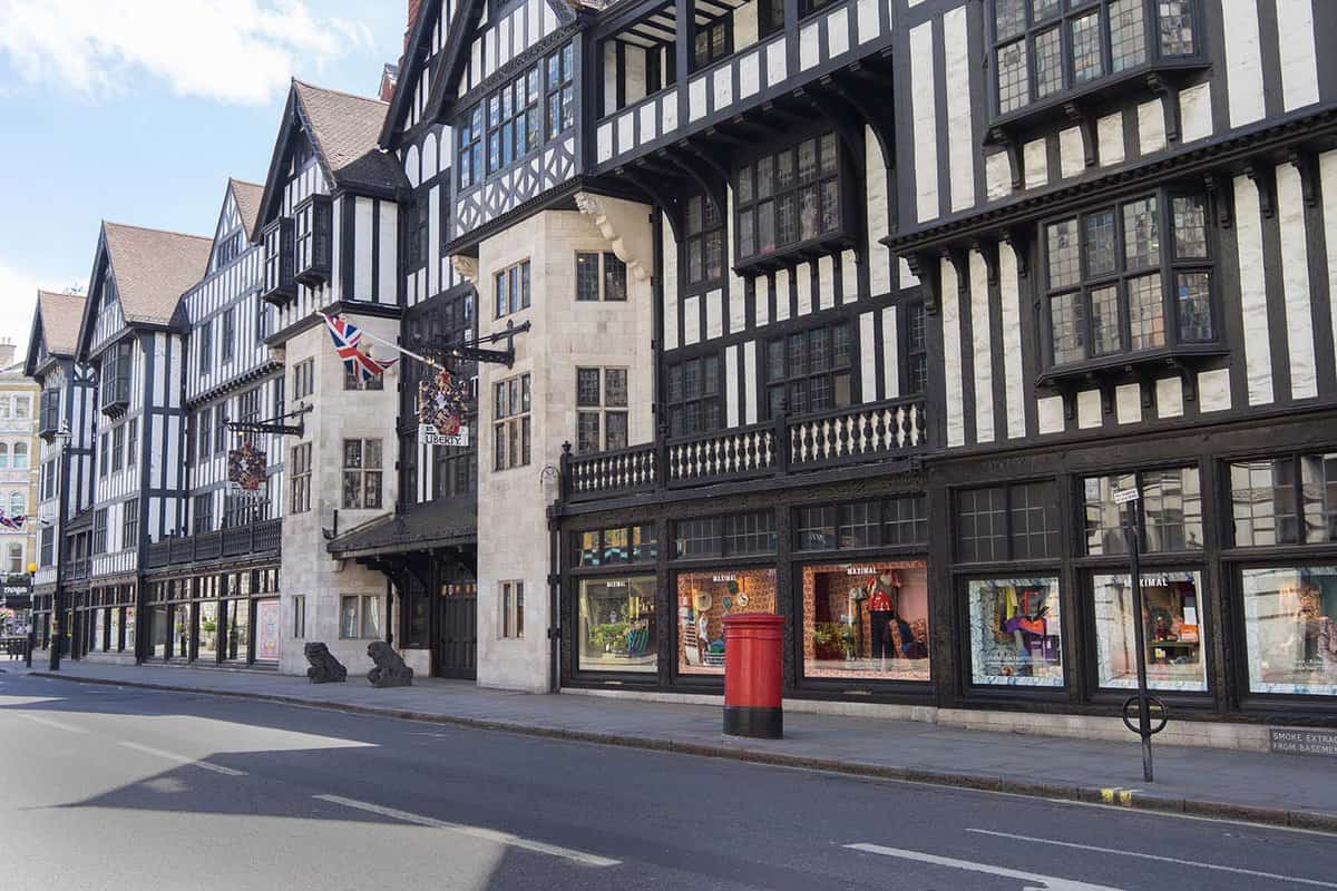 A street view of a department store on a sunny day