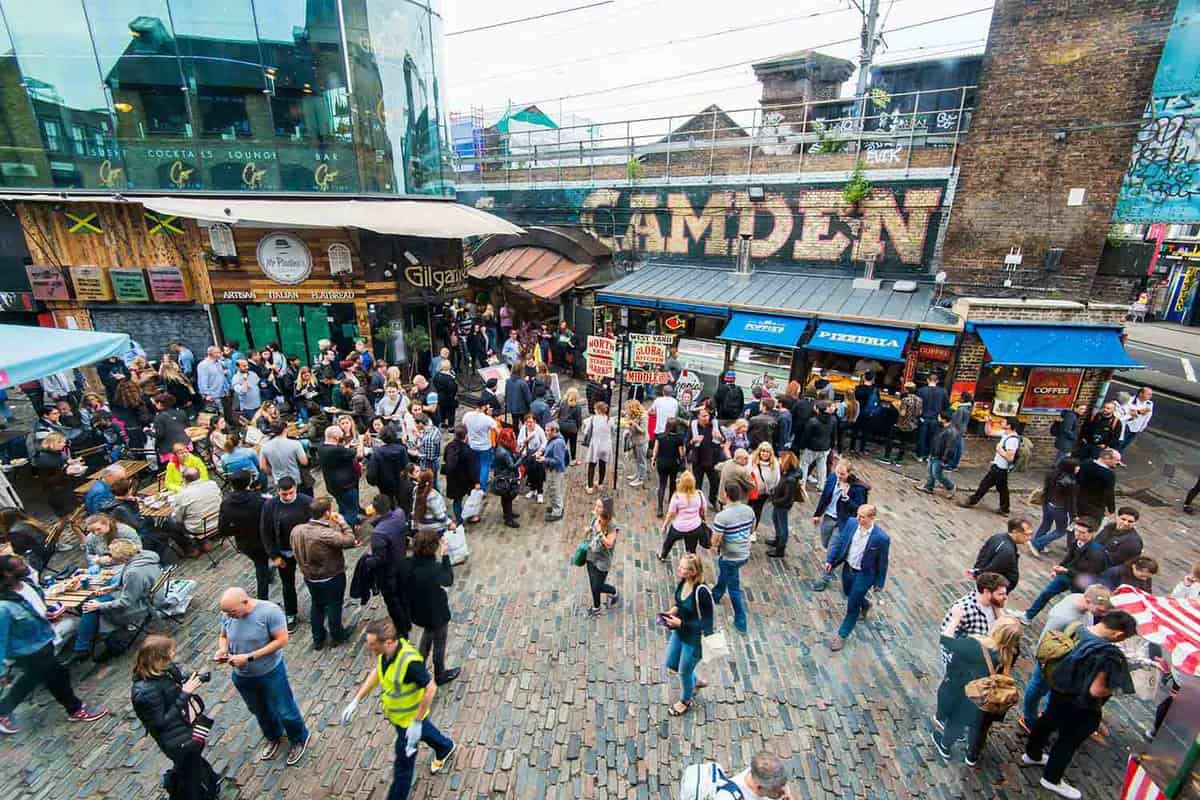 Elevated view of a busy market during the daytime