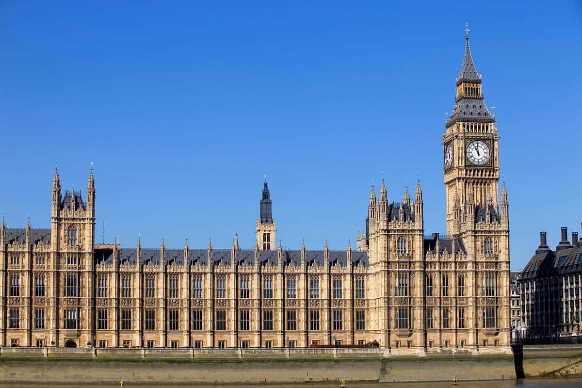 View of the building from the River Thames, showing parliament and Big Ben