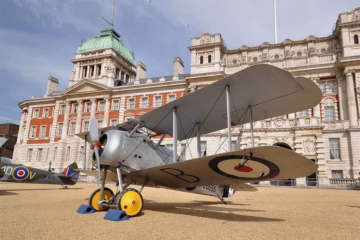 The Sopwith Snipe, a museum example of a 1917 vintage British single seater biplane briefly on public display by the Old Admiralty Building, Horse Guard's Parade, London, UK.
