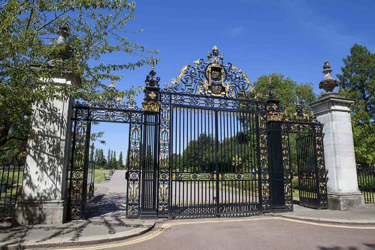 View of gates to a park that were made to commemorate a previous a king's Silver Jubilee