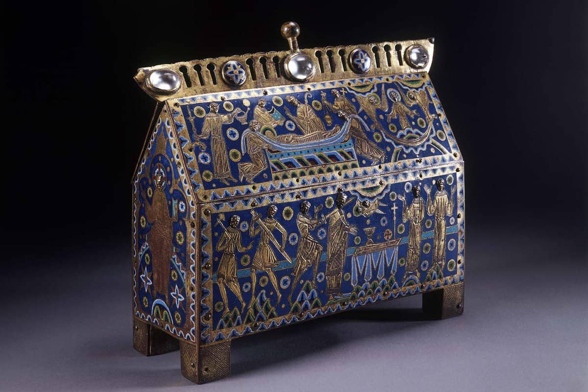 Close up of a small, beautifully decorated chest from the middle ages