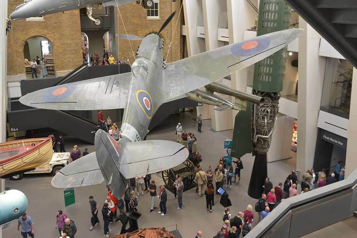 Spitfire hanging from the ceiling in a display room