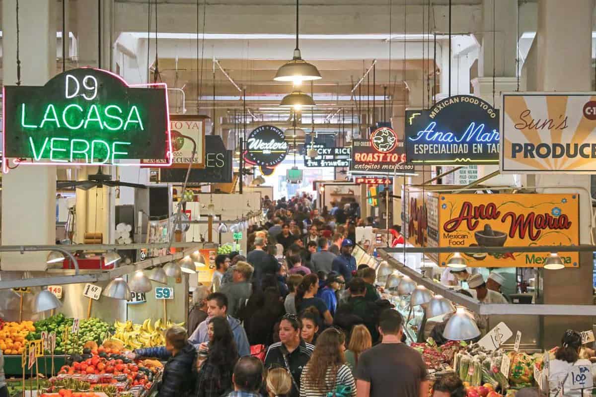 Crowds flock to the Grand Central Market in downtown Los Angeles to shop for groceries and eat lunch at the popular marketplace