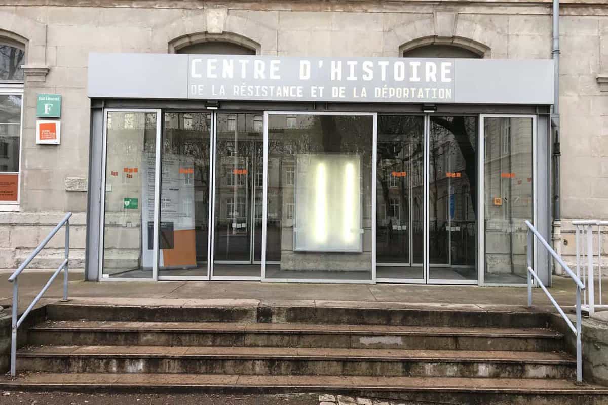 Exterior front entrance to the museum with glass doors