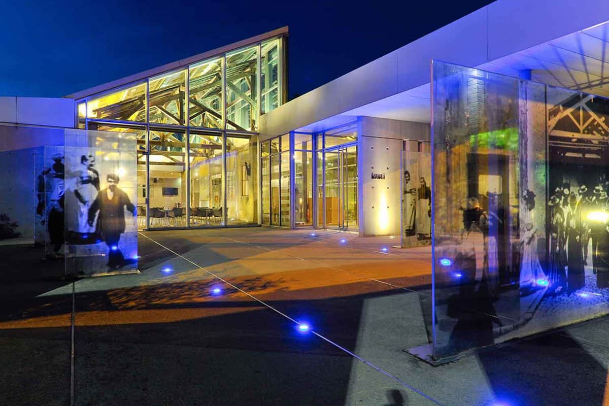 Exterior entrance lit up at night