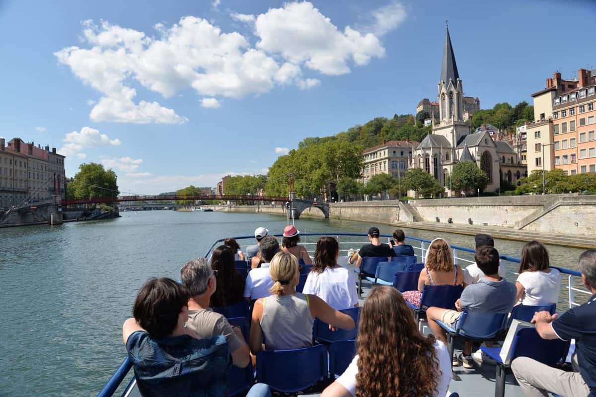 Looking out from the boat as a tour group travels down the river Rhone