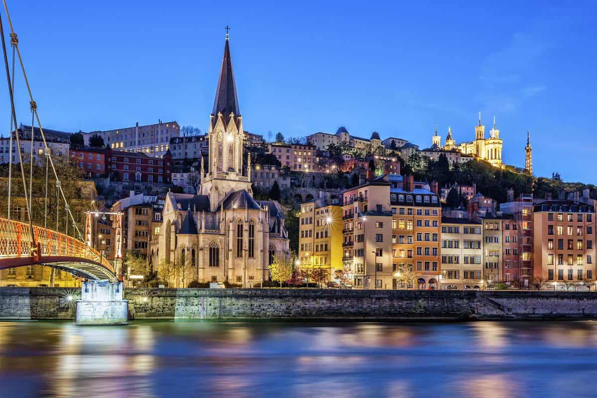 Famous view of Lyon with Saone river at night