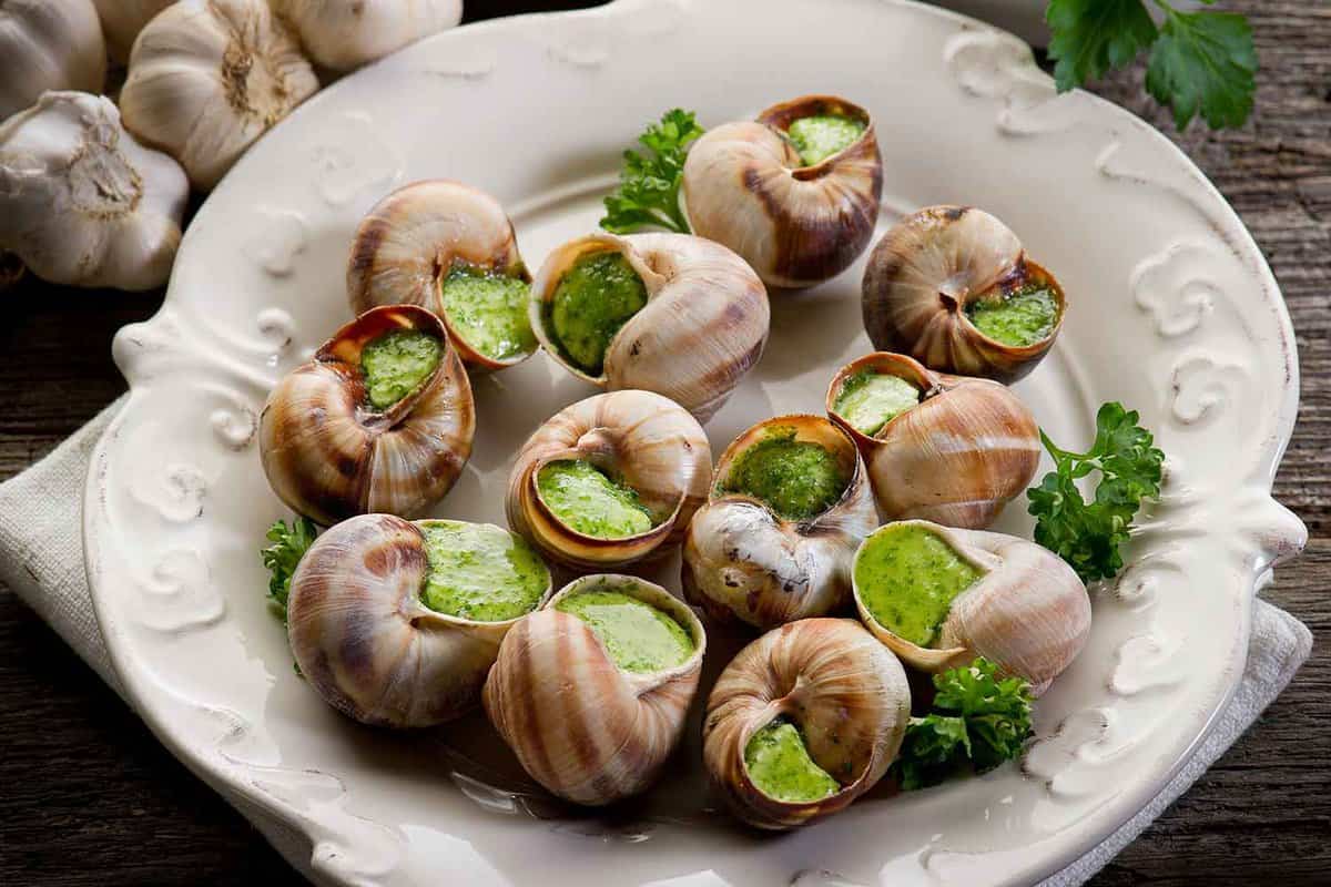 Close up of a plate of snails with creamy garlic filling