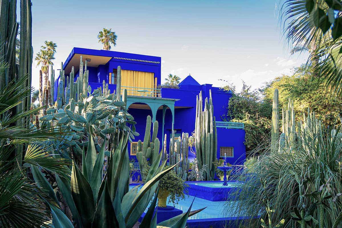 vivid blue house surrounded by cacti