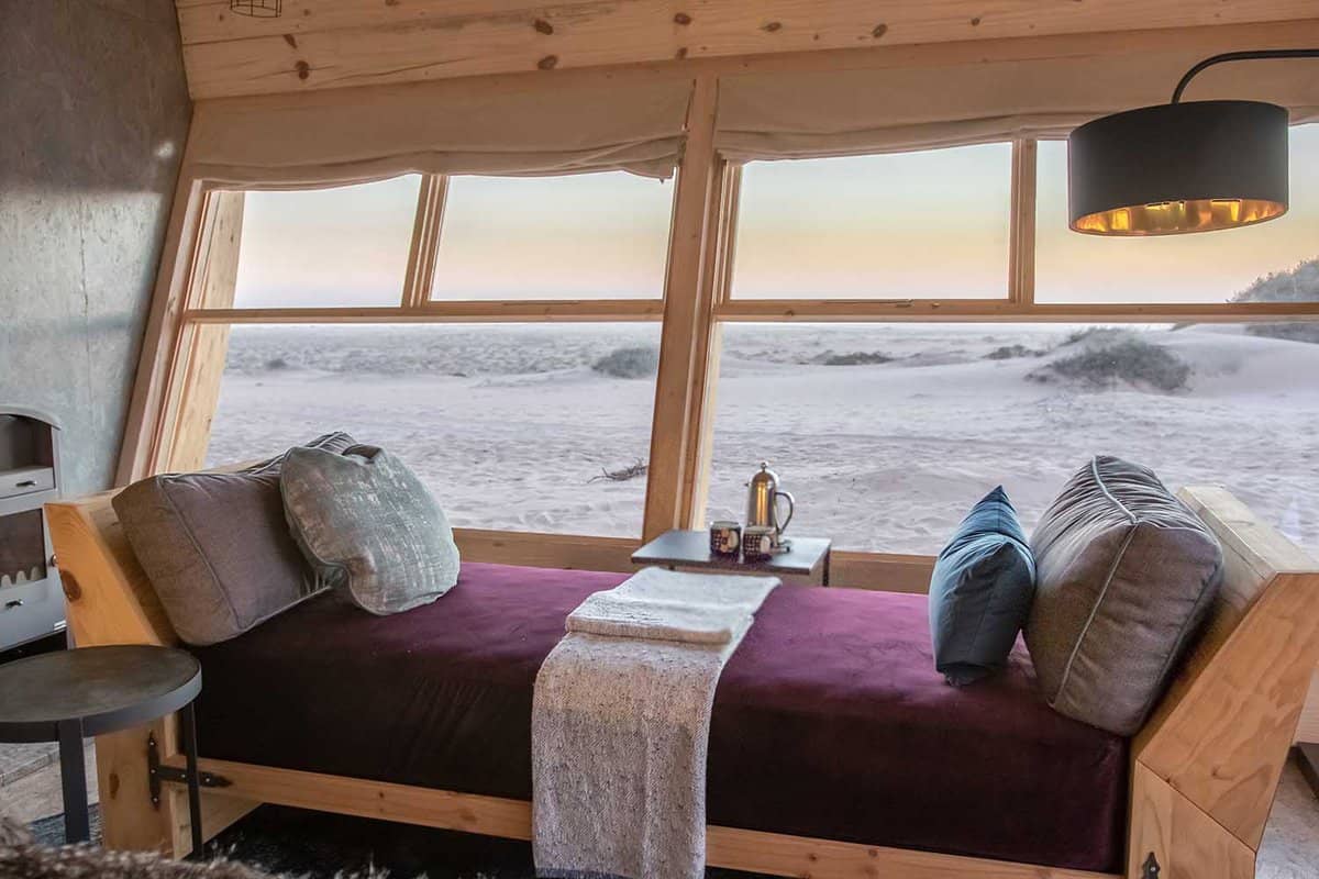 A day bed with amazing views out across the Skeleton coast at sunset