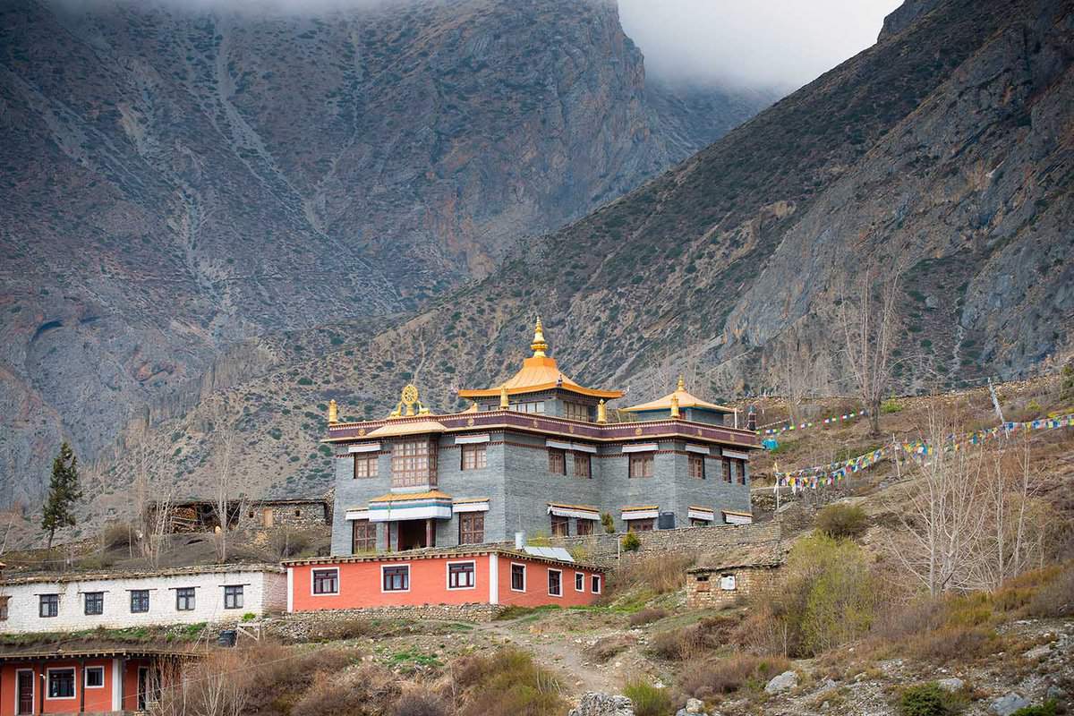 Buddhist temple in Muktinath on a Annapurna Circuit - most popular turists trek in Himalayan mountain massive in Nepal.