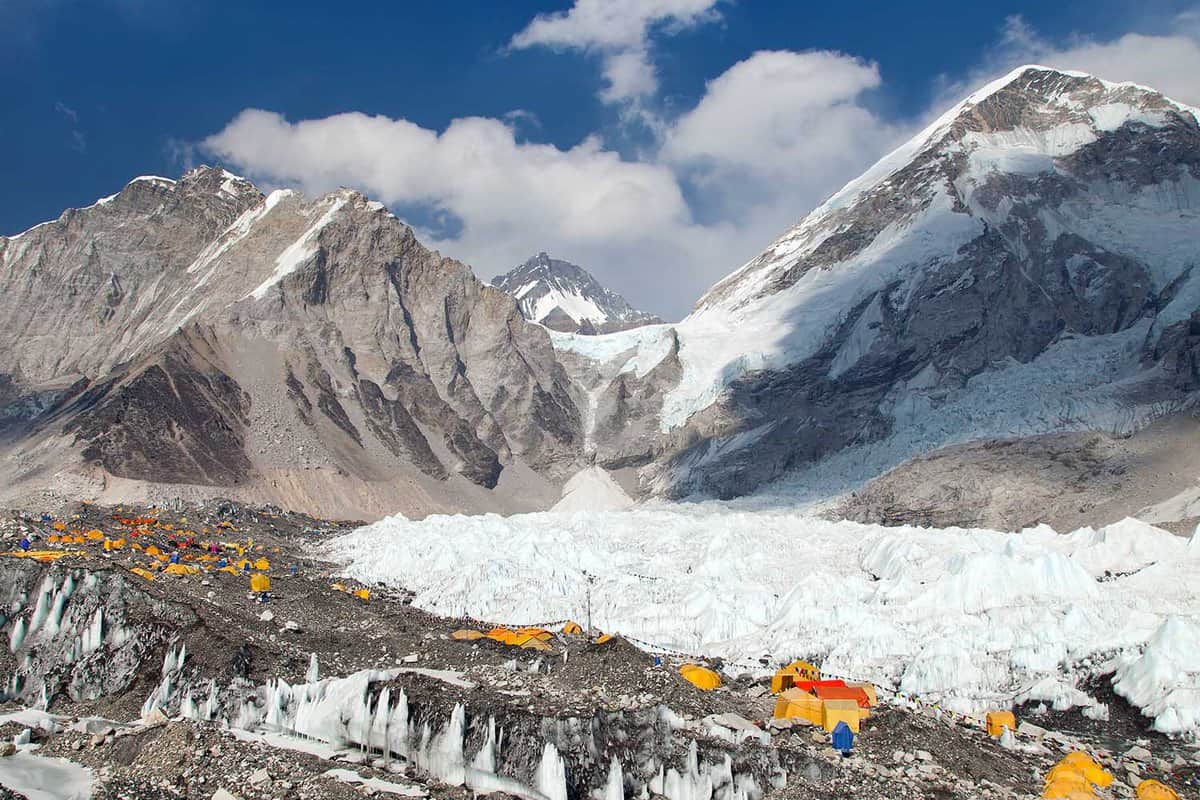 View from Mount Everest base camp, tents and prayer flags, sagarmatha national park, Khumbu valley, solukhumbu, Nepal Himalayas mountains