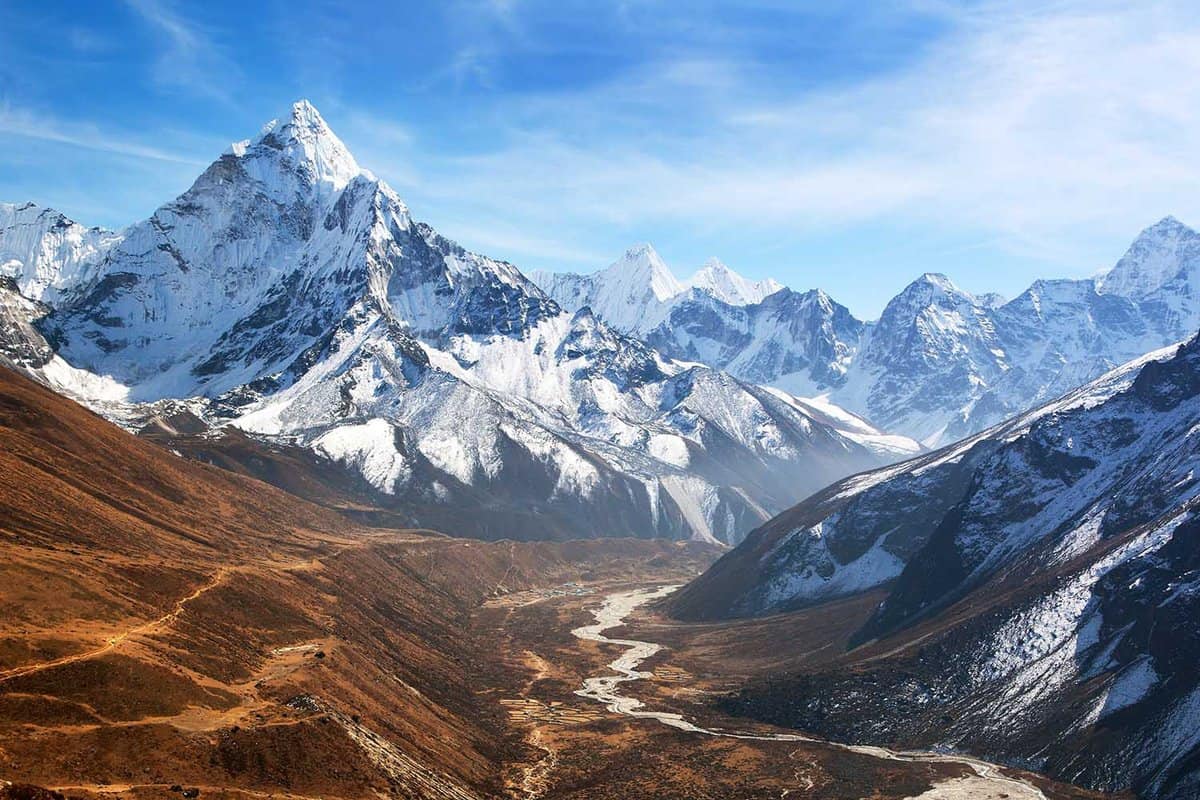Panoramic beautiful view of mount Ama Dablam with beautiful sky on the way to Everest base camp, Khumbu valley, Sagarmatha national park, Everest area, Nepal