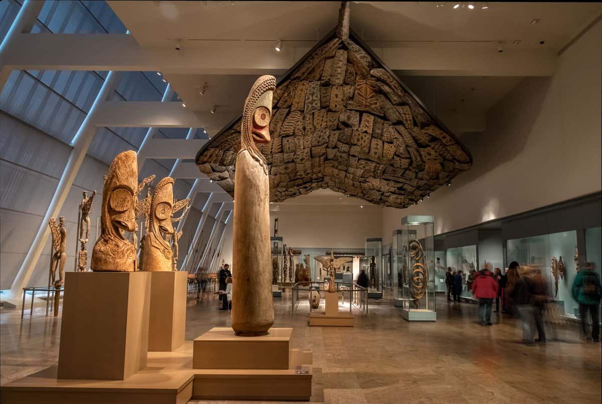 Stone obelisks on display in a gallery inside the Metropolitan Museum of art