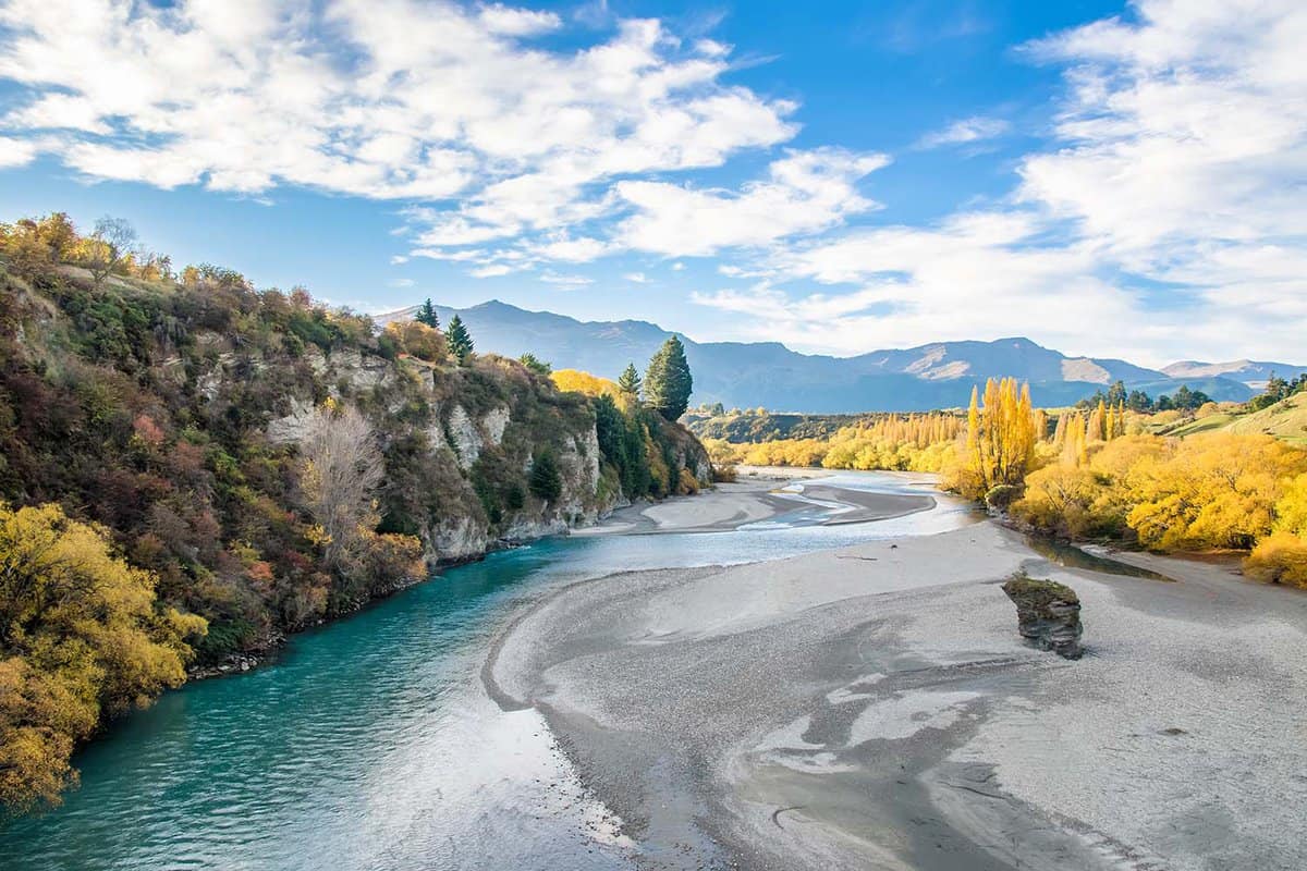 Beautiful view from the Historic Bridge over Shotover River in Arrowtown, New Zealand