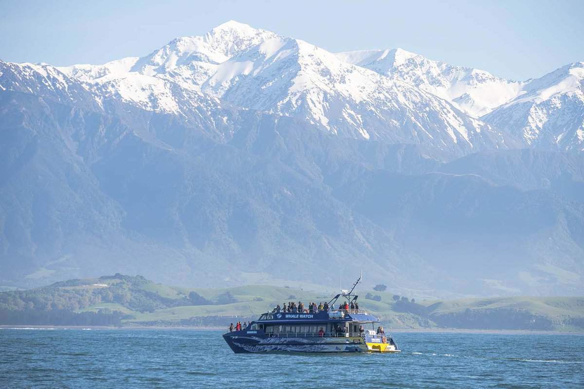 Whale watching boat on ocean with stunning mountain vista behind