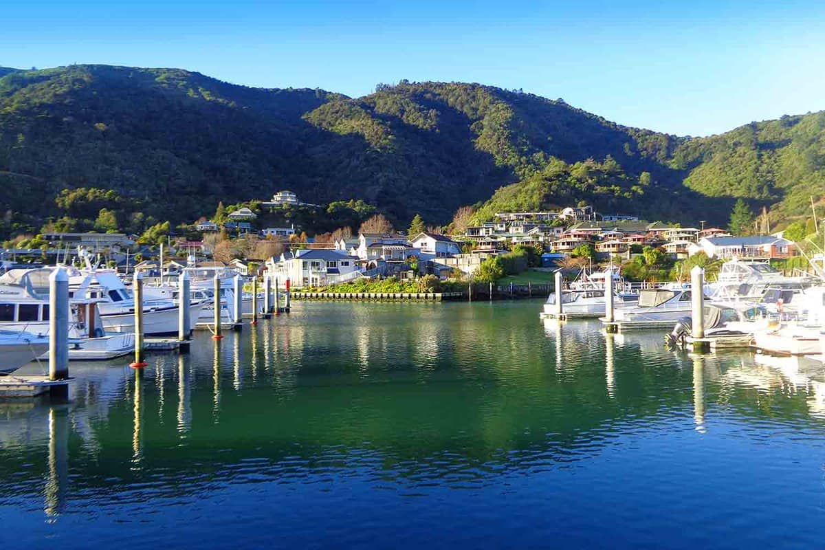 Picton New Zealand. Famous harbor town. Yacht marina on Sunny day