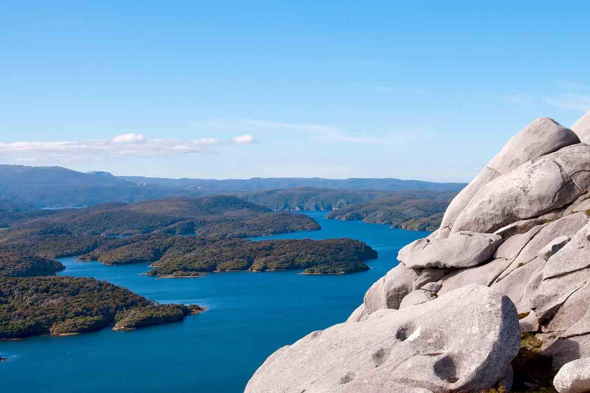View from the summit of Bald Cone mountain situated at the south end of Port Pegasus, Stewart Island, New Zealand. Taken during 2013
