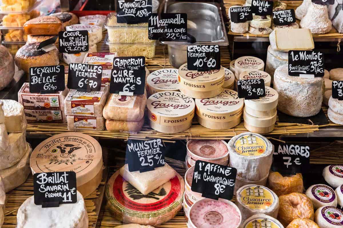 Selection of cheese in a cheesemonger