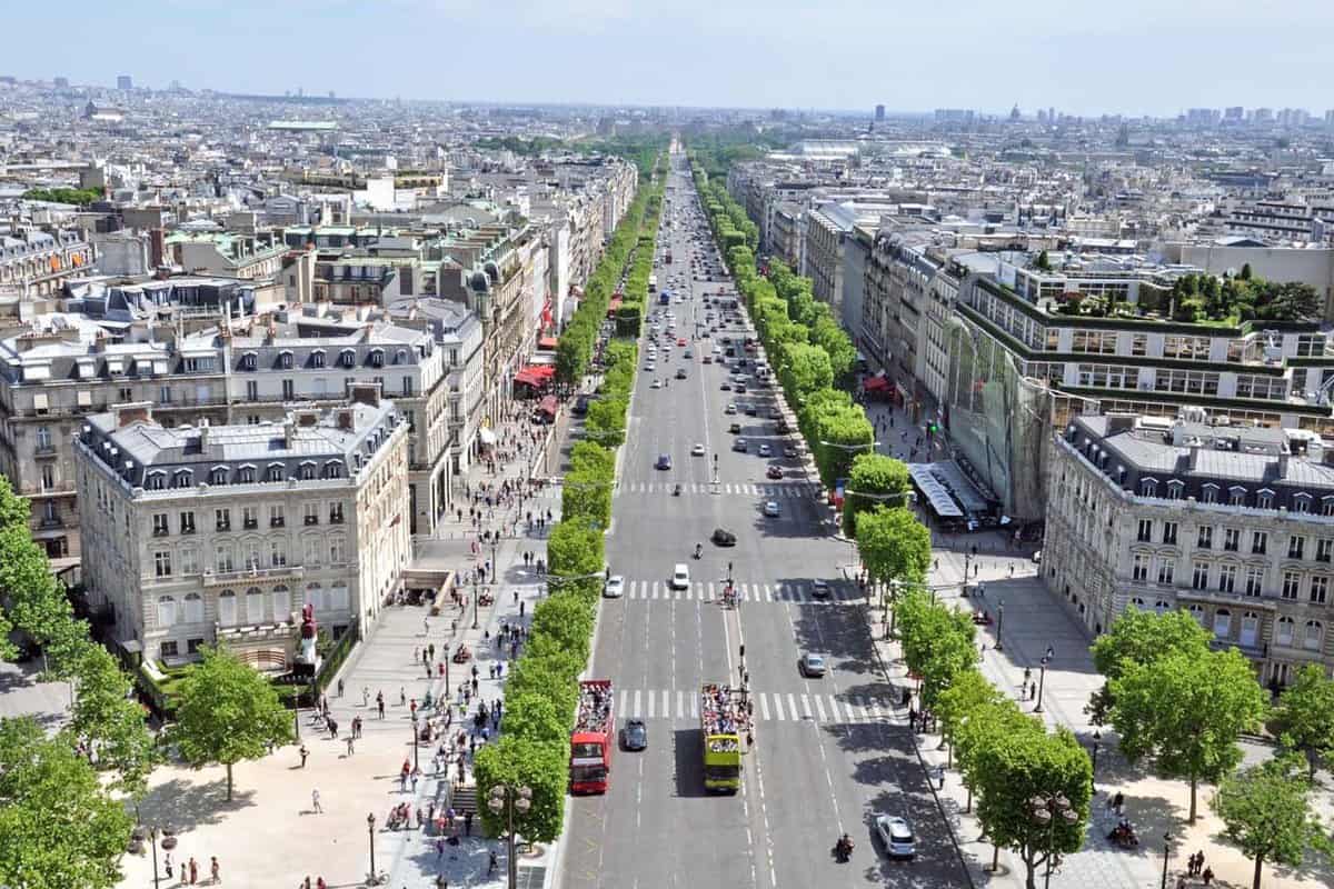 View down the Champs Elysees street from the Arc de Triomphe