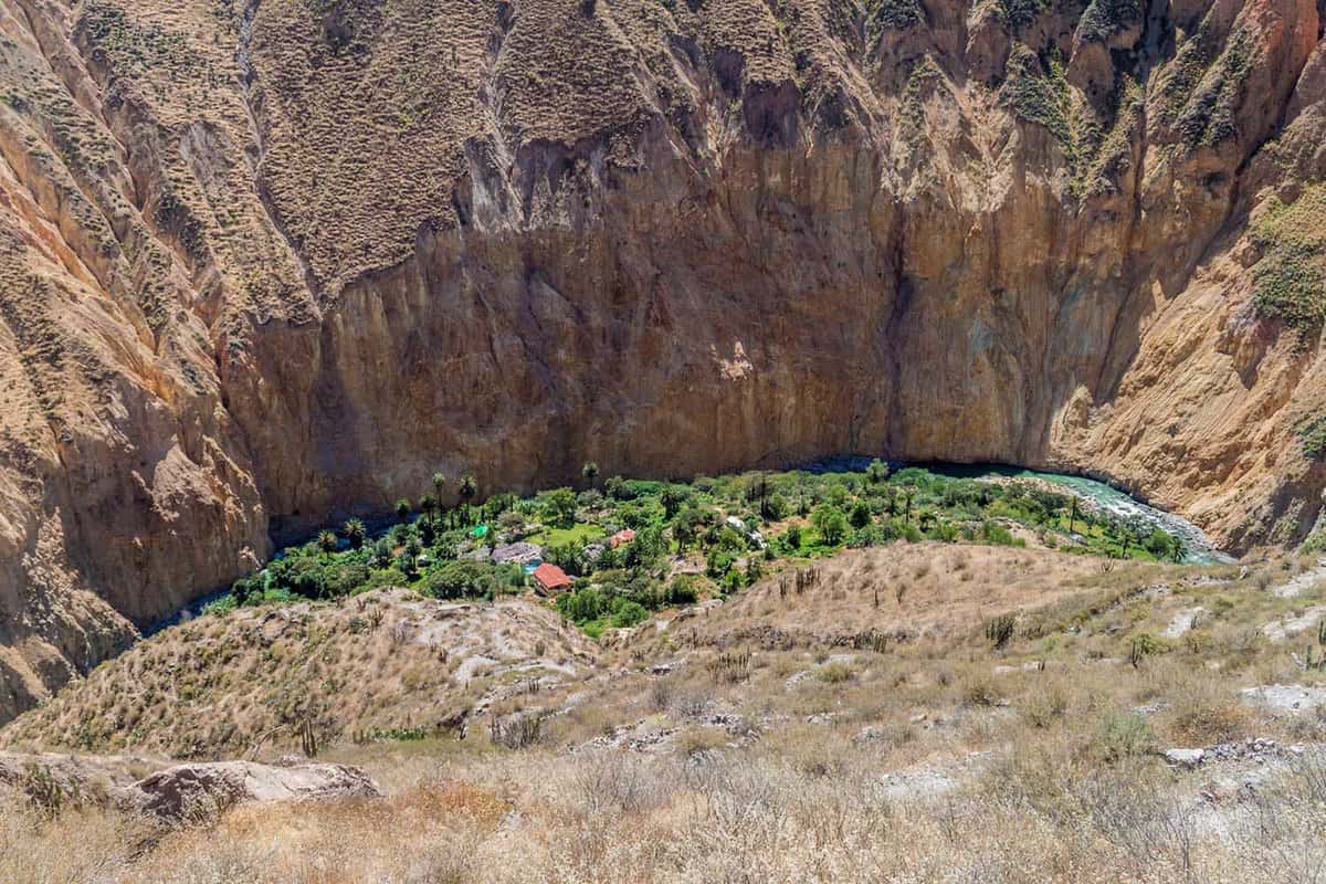 View down into the canyon, a river and buildings with foliage can be seen at the bottom