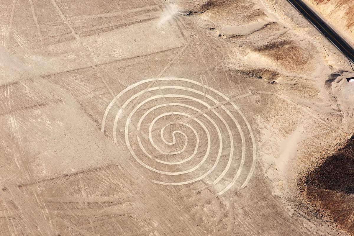 One of the Nazca lines in the shape of a spiral, seen from above
