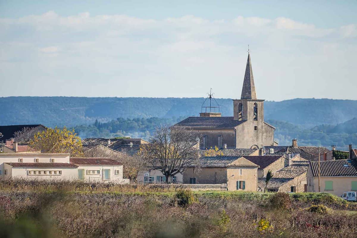 A small village with a stone church