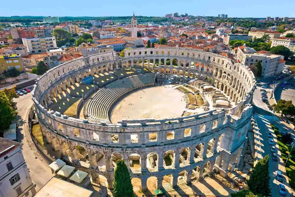 aerial view of the roman ruins of the Pula Amphitheatre in Croatia