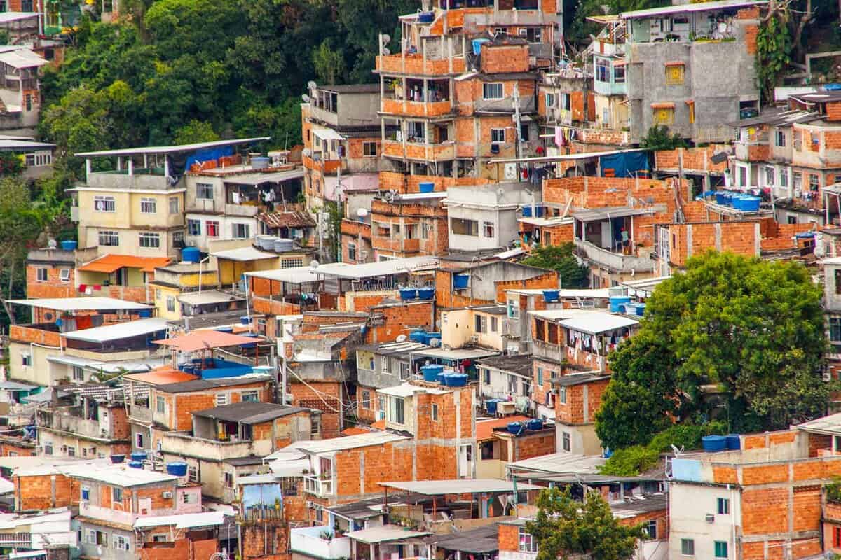 Bright coloured roofs of favela from above