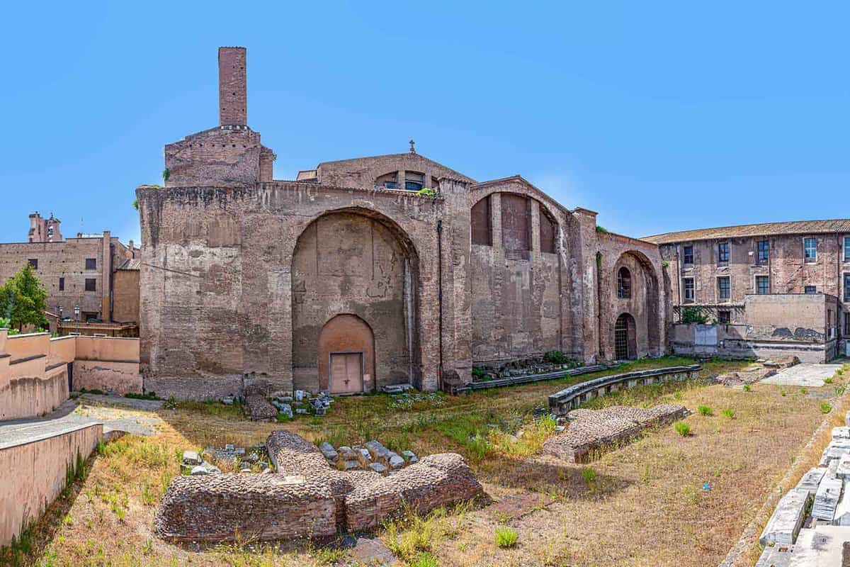 view to the ruins of baths of Diocletian, a historic public bath from roman times situated near the train station Termini in Rome.