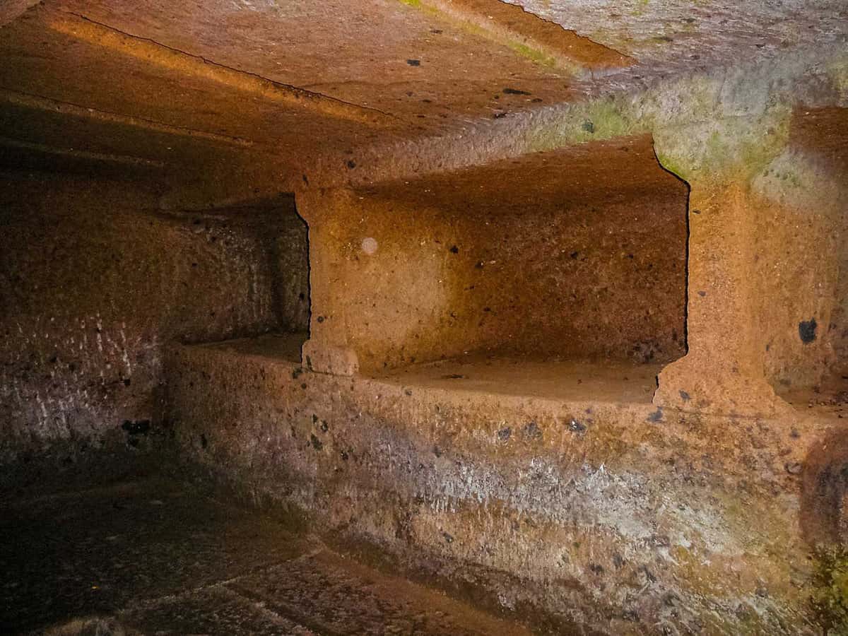 Inside a tomb showing stone plinths for bodies
