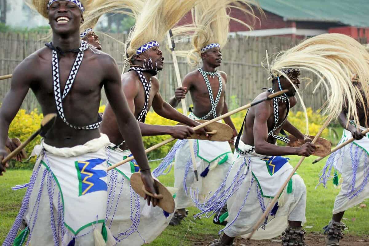 Indigenous tribesmen dancing a traditional dance